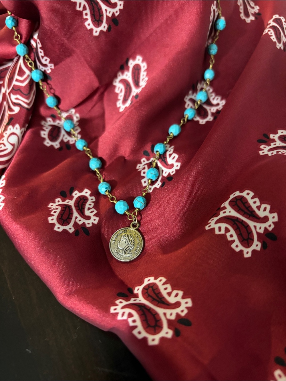 Turquoise Beaded Coin Pendant Necklace - Unbranded